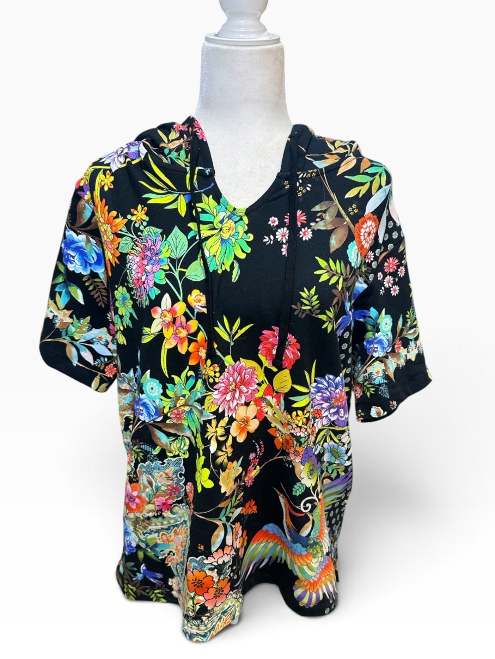 Johnny Was S Short Sleeve Hoodie Black Floral Bird Print Boho Pullover